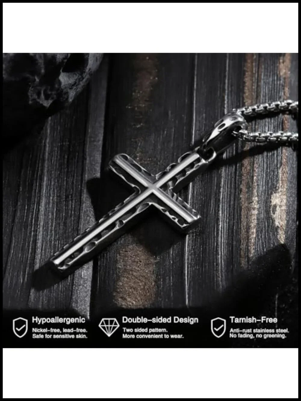 Gothic Cross Necklace Stainless Steel Faith Pendant Hammered Distressed 22 Inch